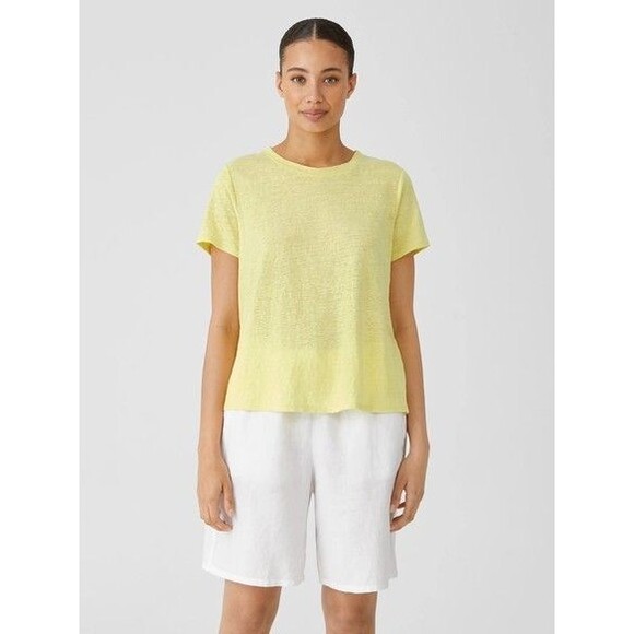 NWT Eileen Fisher 100% Organic Linen Jersey Crew Neck T Shirt Citrus Yellow XXS - Picture 1 of 10